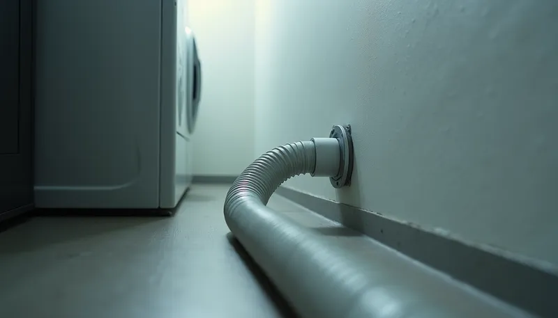 Eye-level view of dryer vent hose connected to the wall