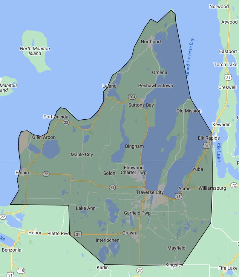 Map of the Elite Appliance Service service area in Northern Michigan
